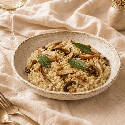 Risotto met gerookte kip, paddenstoelen, misoboter & krokante salie