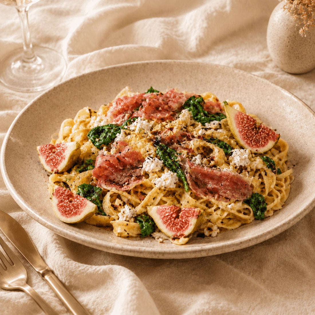 Tagliatelle XL met vijg, geitenkaas, prosciutto, balsamico en hazelnoot