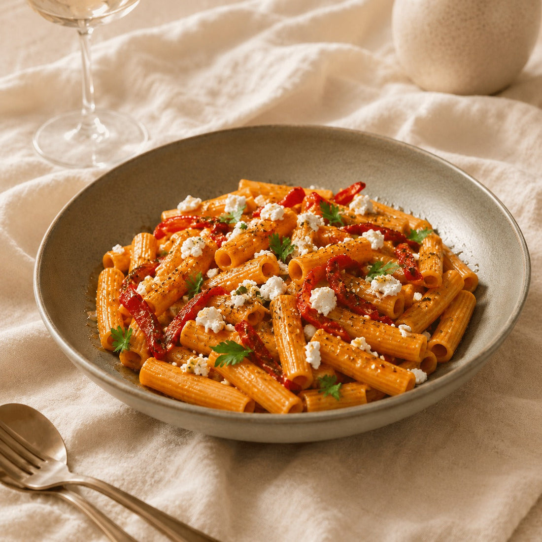 Rigatoni met Mascarpone Rosso, geroosterde paprika, feta, za'atar en chilihoning