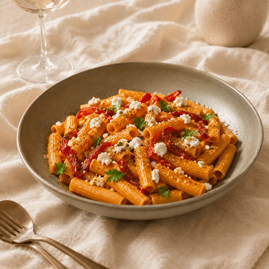 Rigatoni met Mascarpone Rosso, geroosterde paprika, feta, za'atar en chilihoning